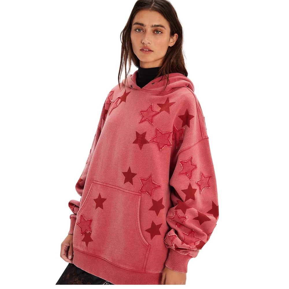 Free People We The Free Cosmic Comfort Star Appliqué Oversized Hoodie Red S